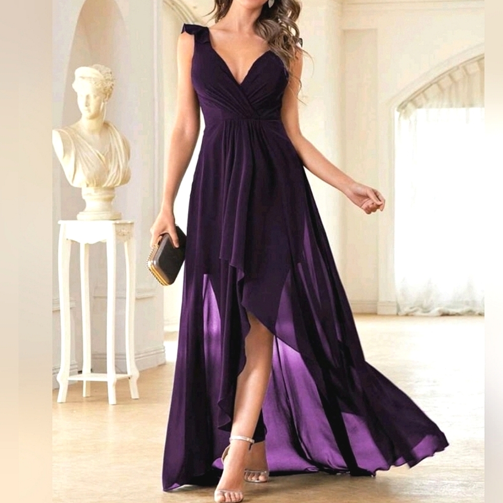 NEW Flowy Chiffon Wrap High Low Maxi Dress Purple - Picture 4 of 8